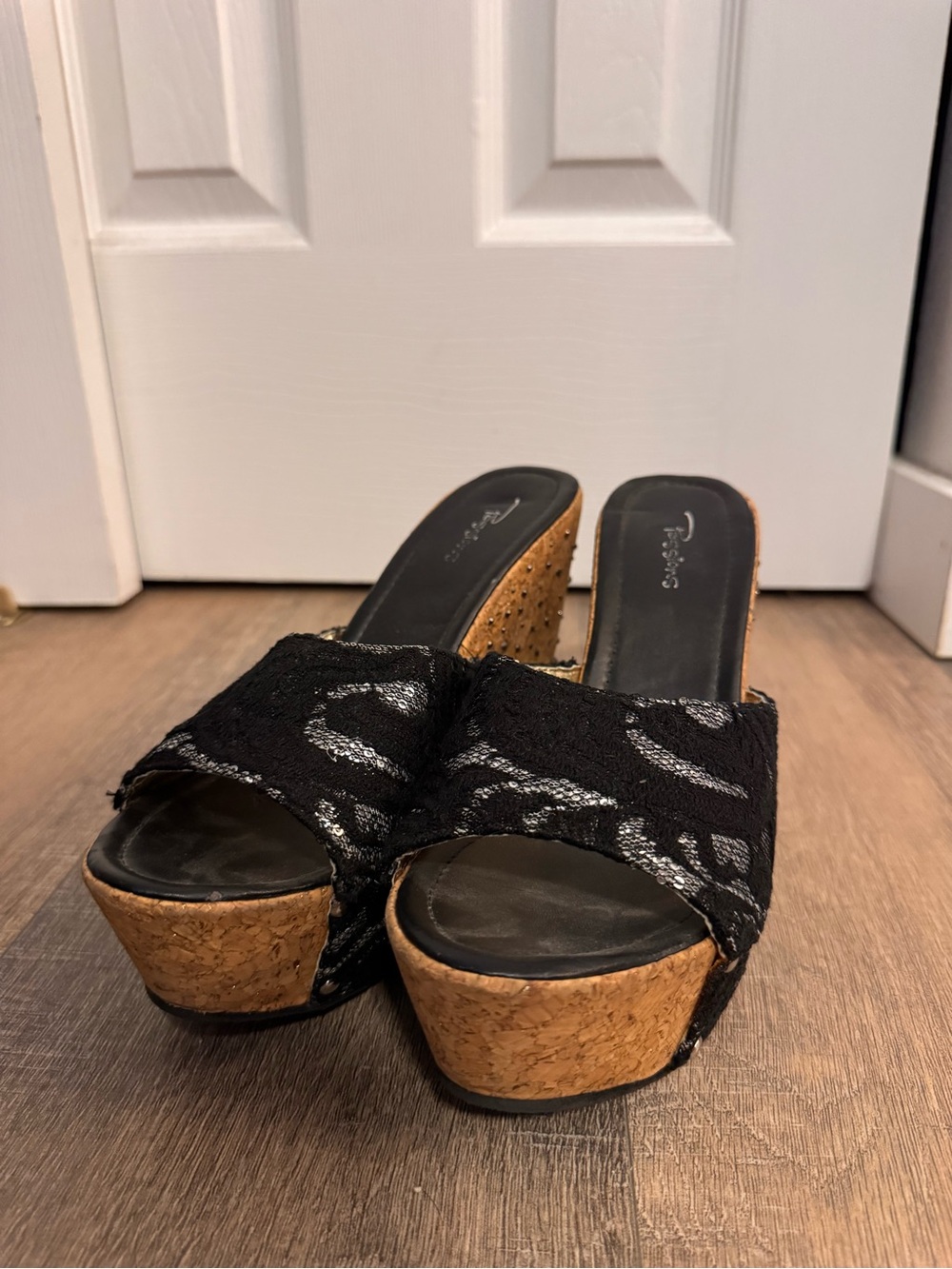 Black Cork Wedge Slide Sandals with Textured Metallic Accent